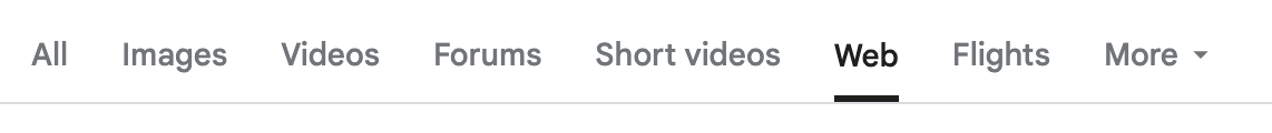 Adding the udm14 parameter to the search url drops you straight into the "Web" tab of the search page, instead of the "All" tab