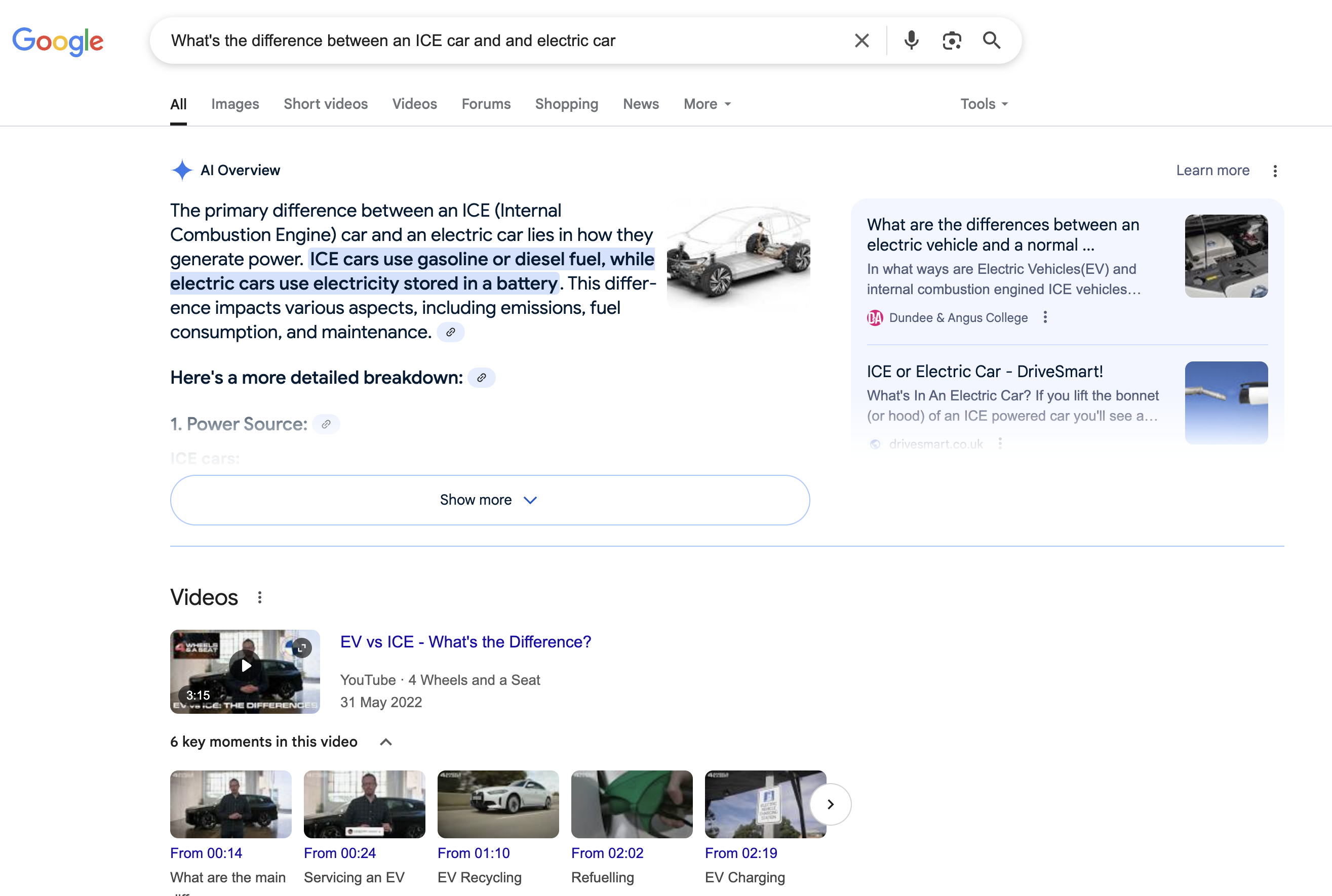 Normal search result for "What's the difference between an ICE car and an electric car"