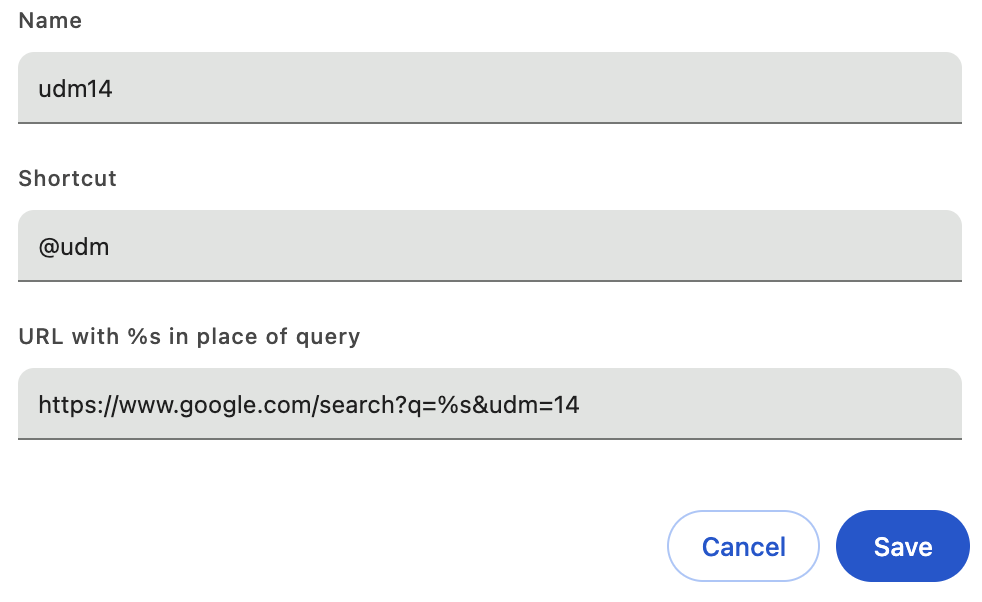 Create your new udm shortcut in Chrome